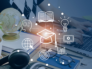 academic icons floating over desk